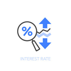 Interest rate symbol with a magnifier and growing and decreasing rate curves. Easy to use for your website or presentation.