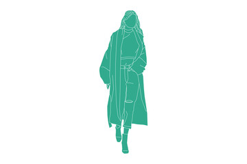 Vector illustration of fashionable woman walking on the sideroad, Flat style with outline