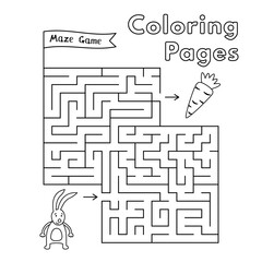 Cartoon hare maze game for small children. Vector coloring book pages for kids