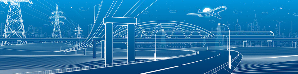 Outline road bridge. Car overpass. Train rides. Airplane fly. City Infrastructure and transport illustration. Urban scene. Vector design art. White lines on blue background