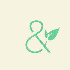 Ampersand logo.Decorative leaf creative typographic icon isolated on light background.Ornate symbol for beauty, fresh, eco food brand.Alphabet initial.Nature playful element.Green color.