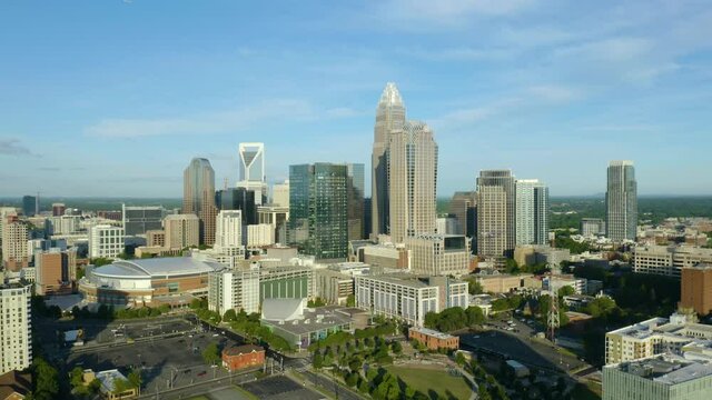 Aerial Establishing Shot of Downtown Charlotte Skyline. Orbiting. Popular North Carolina City