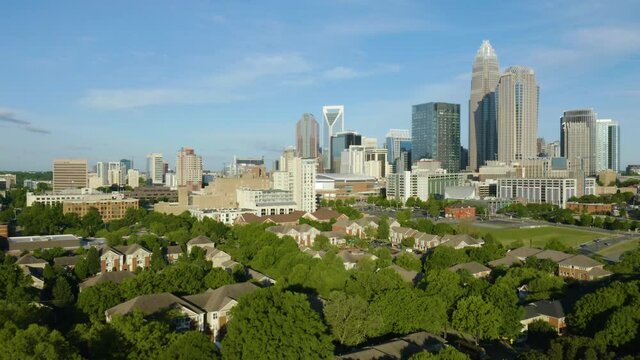 Drone Reveals Charlotte Skyline on Beautiful Summer Day in North Carolina.