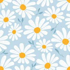Fototapeta na wymiar Seamless pattern with daisy flower and leaves on blue background vector illustration.