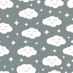 Cute seamless pattern with smiling clouds and white stars on a grey background. Vector illustration for fabrics, textures, wallpapers, posters, postcards. Childish fun print. Editable elements