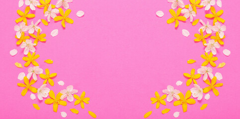 Fototapeta na wymiar spring white and yellow flowers on pink paper background