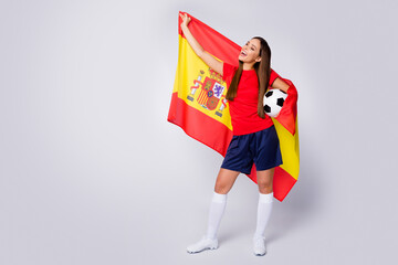 Full body photo of crazy joy lady cheering soccer team 2020 tournament hold spain national flag leather ball wear football uniform t-shirt shorts cleats socks isolated white color background