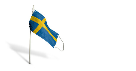 Waving flag of Sweden painted on medical mask on pole. Concept of The banner of the fight against the epidemic coronavirus COVID-19. Copy space