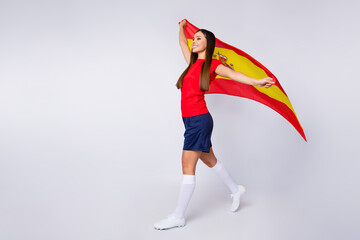 Full size profile photo of joy cheerful lady support soccer team 2020 league hold spain national...