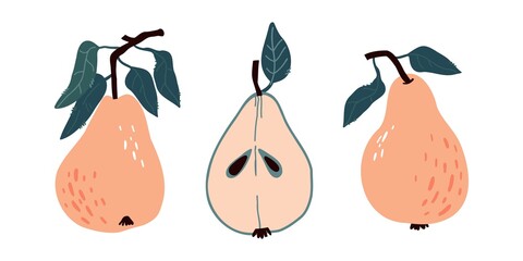 set with pears and half a pear, pear leaves. Food background. childrens colorful cute illustration. Flat vegetables on white. Vegan, farmed, natural