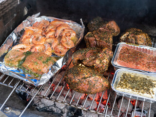  Mutzbraten und Fisch auf dem Holzkohlegrill im Garten