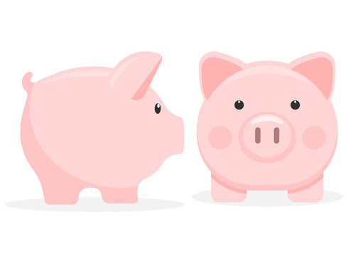 Set of pink piggy bank isolated on white background. Vector illustration.
