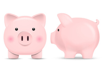 Set of pink piggy bank isolated on white background. Vector illustration.