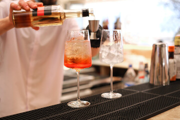 the bartender makes a cocktail in the restaurant at the bar. refreshing summer drinks. bartender at work close-up. mockup