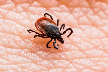 Infectious Encephalitis Ixodes Scapularis or Persulcatus Deer Tick Insect on Skin. Encephalitis Virus or Lyme Borreliosis Disease Infected Ixodes Tick Arachnid Parasite Bite Macro.