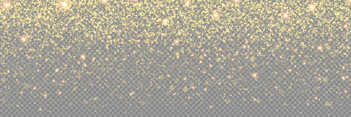Glitter gold background with spark dust, vector glow shimmer effect. Christmas gold glitter glowing sparkles on transparent background, falling golden glittering shimmer