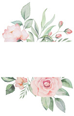 Watercolor pink flowers and green leaves card illustration