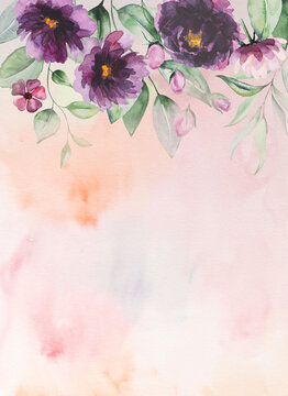 Watercolor purple flowers and green leaves border illustration