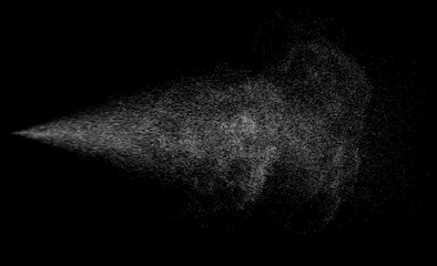 Water spray dust. Spraying mist effect of air gun sprayer droplets jet isolated on black background - obrazy, fototapety, plakaty