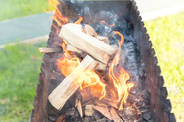 Fire. Firewood is burning in the grill. Orange firelight, sparks flying. Fire background.