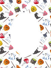 Halloween card, frame, border. Watercolor spooky design with copy space. Cute Helloween blank, template, postcard, invitation.