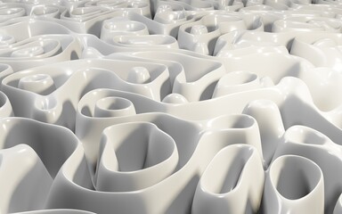 Obraz premium Abstract liquid pearl colored background, shiny bends of waves, milk or yogurt spill circles, creamy surface texture, silk fabric folds, 3d illustration dynamics of smooth white lines and shapes