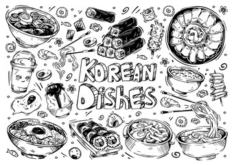 Hand drawn vector illustration food. Doodle Korean dishes: rolls, soup, fish, kimchi, noodles, rice, sashimi, meat, eggs, desserts