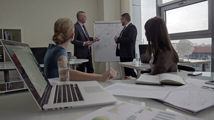 Successful business team discussing ideas for business development in office