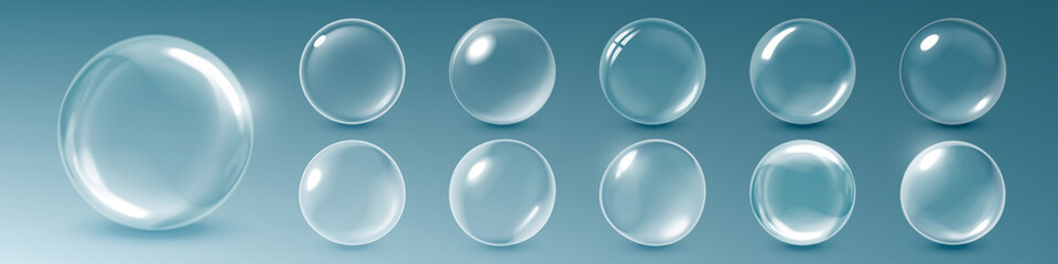 Bubbles, vector realistic 3d soap bubble isolate on background. Abstract soap foam or glass bubbles with glossy light