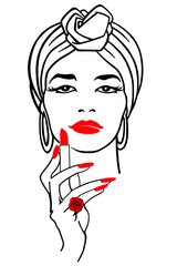 A woman's face. Lipstick. Turban.