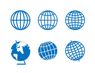 Set blue icons for the globe of the planet earth. Parallels and meridians on blue icon.