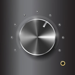 Realistic volume control with headphone jack on dark metal background.