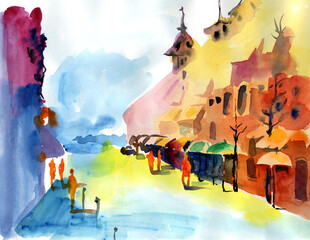 Watercolor landscape with a city street, people walk along the road with shops