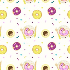 Vector donut seamless pattern glazed with colorful sugar and topped with sprinkles. Tasty fried dough confectionery.