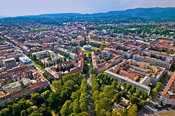 Zagreb aerial. The Mestrovic pavillion and town of Zagreb aerial view