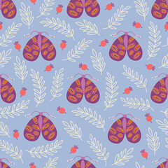 Floral seamless pattern with moths, branches, berries and leaves