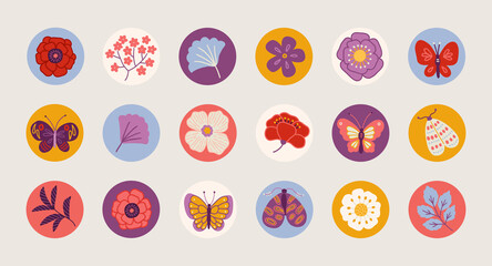 Summer circle stickers with flower, leaves, butterfly, moth, poppy, peony