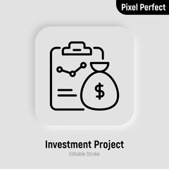 Investment project thin line icon. Graph of growth on clipboard and bag of gold. Pixel perfect, editable stroke. Vector illustration.