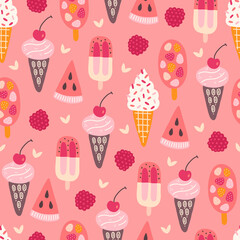 Fruit seamless pattern with watermelon, ice cream cone, raspberry