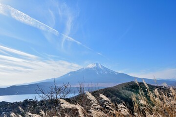 ススキと富士山と飛行機雲