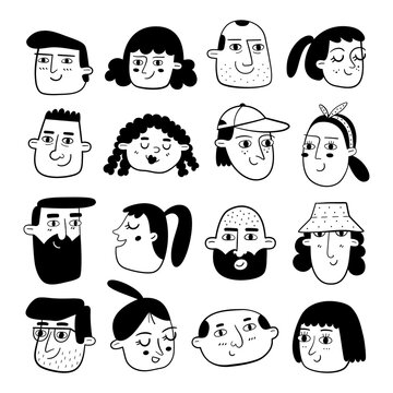 Hand drawn set of people faces in black and white. Portraits of various men and women.