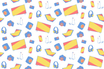 Fototapeta na wymiar Seamless consumer gadgets and electronics pattern. Television, smartphone, headset, earphones, speakers, laptop, camera, action camera. Repetitive pattern on transparent background. 