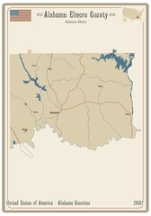 Map on an old playing card of Elmore county in Alabama, USA.
