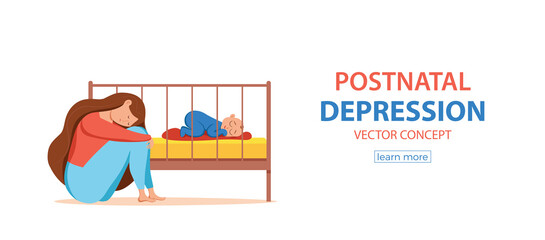 Postpartum depression illustration of sad tired woman near newborn baby sleeping in flat style.