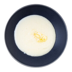 top view of buttered manna croup in bowl isolated