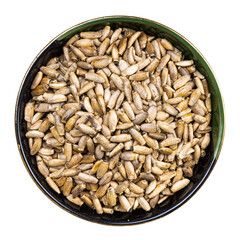 whole milk thistle seeds in round bowl isolated