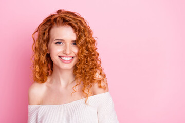 Photo of young attractive girl happy positive toothy smile ginger hair off-shoulders isolated over pastel color background