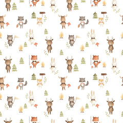 woodland animals watercolor illustration pattern 