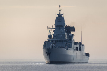 WARSHIP - Guided missile frigate on the sea - obrazy, fototapety, plakaty