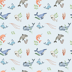 Sea animals  whale watercolor illustration pattern  © Bianca